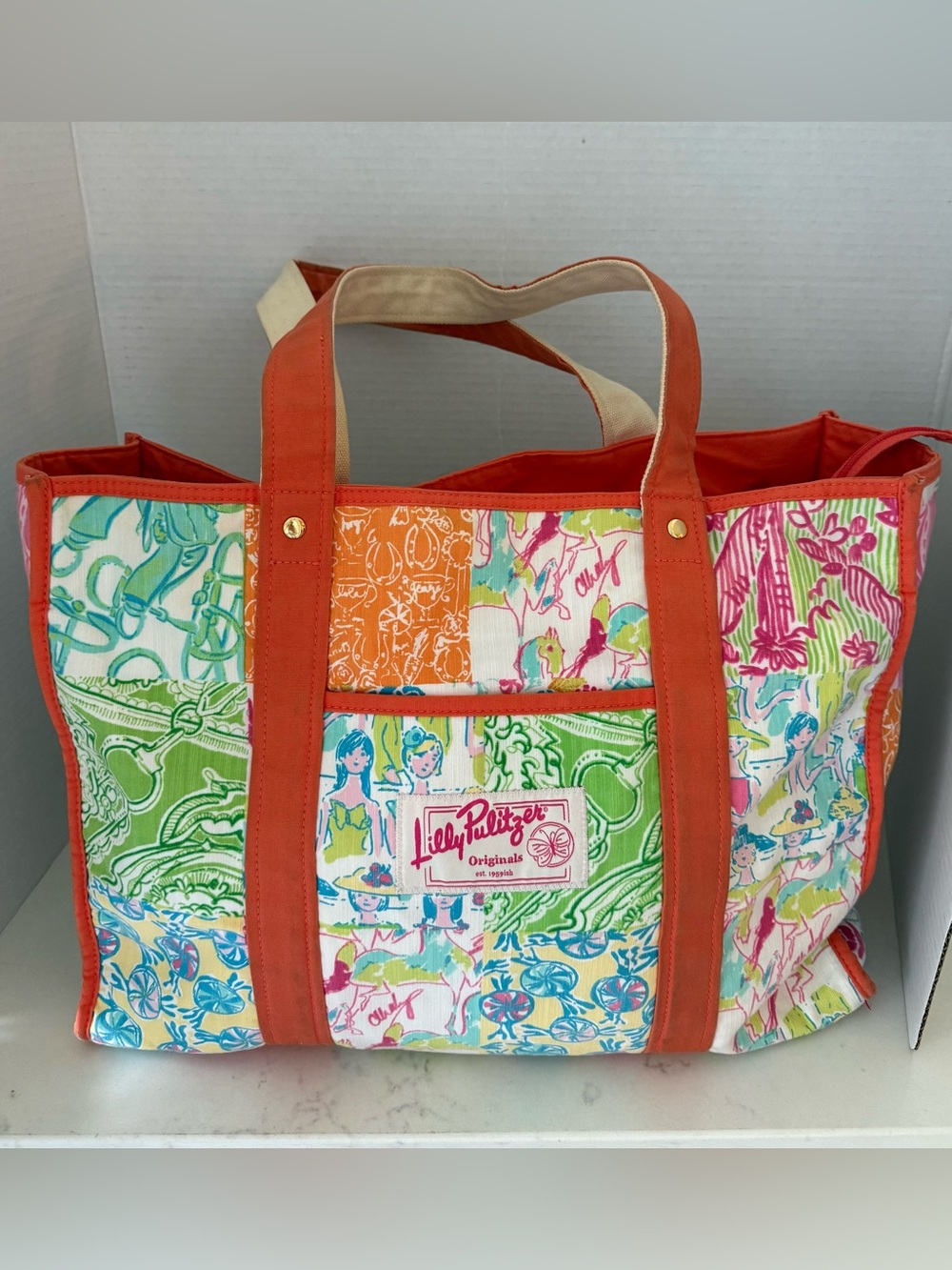 Lilly Pulitzer Orange Multi-Color Canvas Patchwork Tote